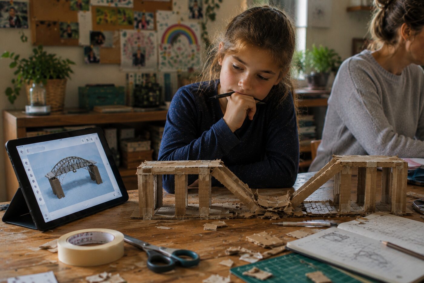 A child looks at a collapsed cardboard bridge on a workbench, with the AI-generated bridge design still visible on a tablet beside her.