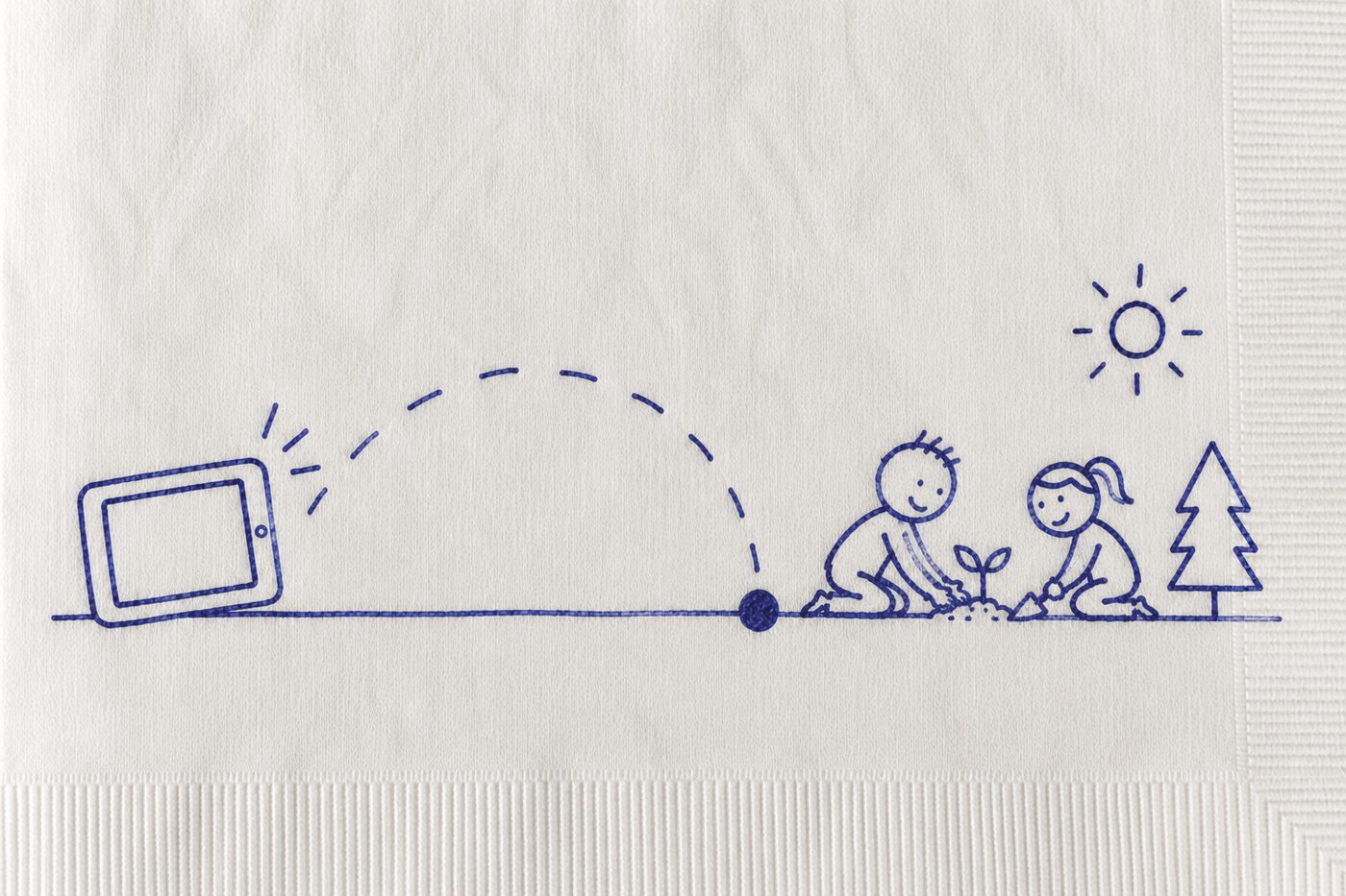 Napkin sketch: a tablet launches a dashed arc that lands as two children plant a seedling together in the sun.